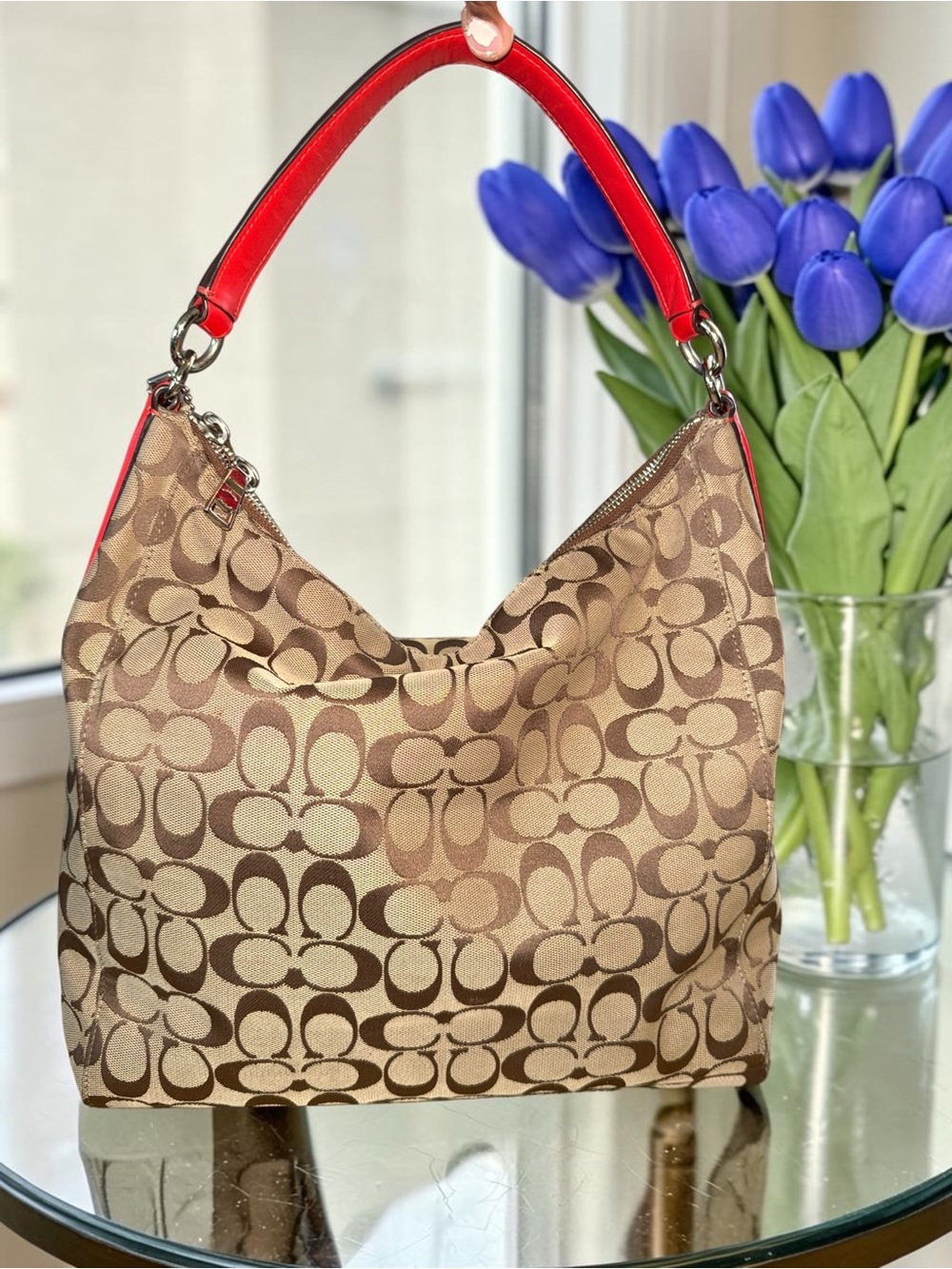 Coach Brown Signature Canvas Hobo with Red Leather Handle and Tag - Picture 3 of 15